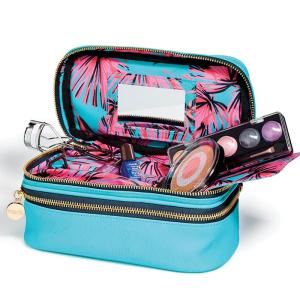 Top Compartment - a long pocket holds brushes Bottom Compartment - a top zippered pocket keeps small items secure Back Pockets - stash lipstick, gloss and more!